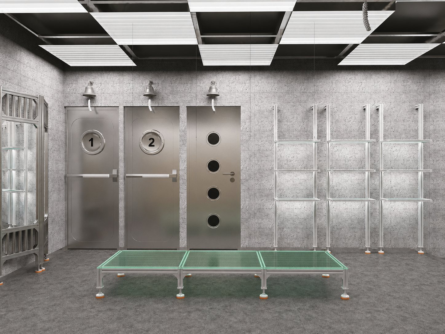 Numbered porthole cabin doors — fitting rooms