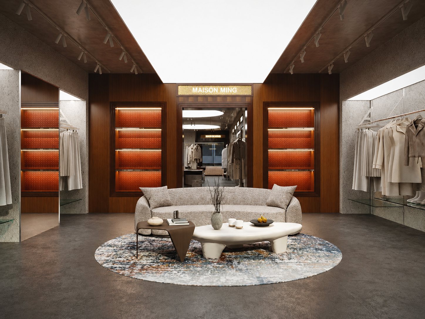 Maison Ming lounge — walnut, terracotta and bouclé